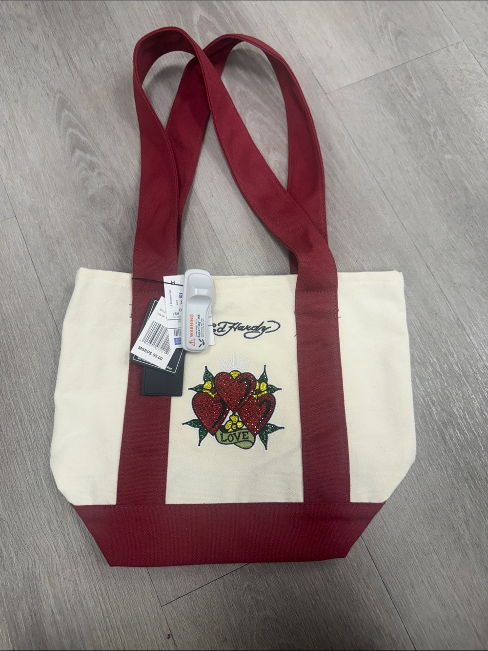 Ed Hardy Cream Tote with Burgundy Straps and Glitter Heart Motif